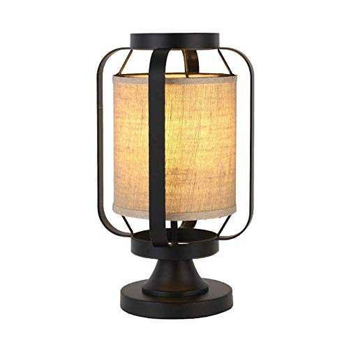Traditional Art Deco Table Lamp, Retro Industrial Style Design Desk Light - Bedroom Bedside Tabletop Lights With Linen Fabric Shade, Black Metal Finish for Living Room, Dining Room, Study, Office
