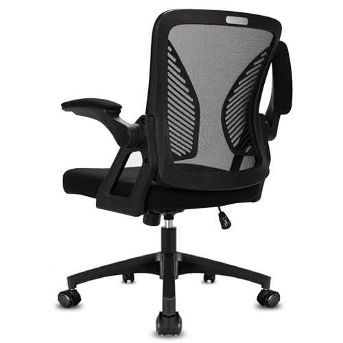 Durrafy Office Chair Ergonomic, Office Desk Chair with 90° Folding Armrests, Mesh Chair with Butterfly Support Lumbar Back, Office Chair Load Capacity 102KG, Black