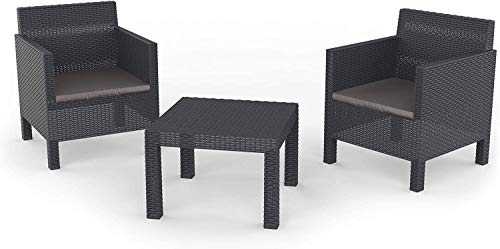 Olsen & Smith TooMax Penelope 3 Piece 2 Person Weatherproof Rattan Effect Outdoor Garden Lawn Decking Balcony Furniture Set, 2x Chair + 1x Table, Anthracite