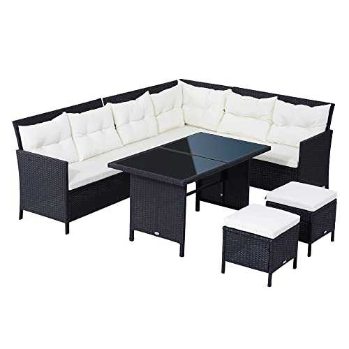 Outsunny 6 PC Garden Rattan Corner Dining Sofa Set Outdoor Wicker Conservatory Furniture Lawn Patio Coffee Table Foot Stool w/Cushion - Black