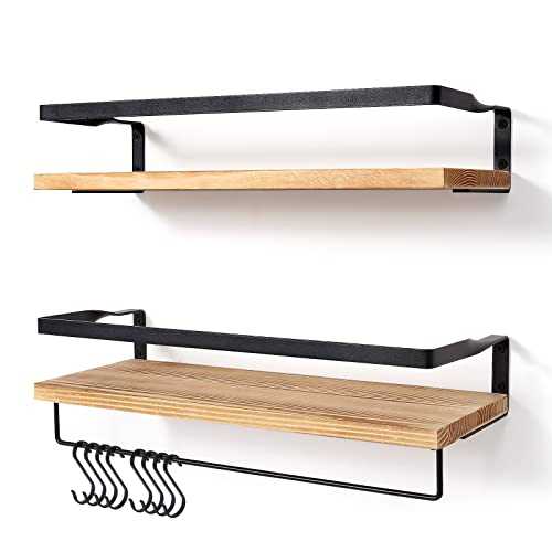 AGM Floating Shelves Wall Mounted Shelf, Wooden Wall Shelves Racking Set of 2 for Bedroom, Bathroom, Living Room, Kitchen Storage w/ 1 Towel Bar and 6 S Hooks, Max Load 33lbs