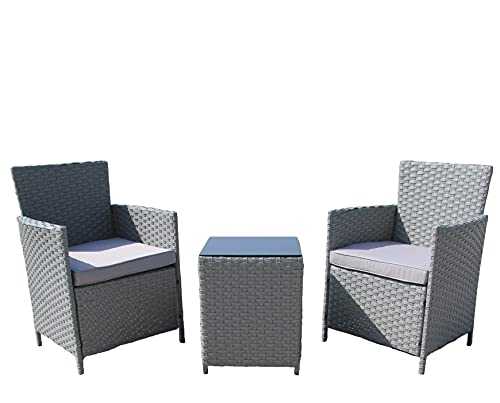AZRBOPO Rattan Garden Furniture Set, Rattan 3 Piece Bistro Garden Furniture Set | Grey Outdoor Patio Chairs And Steel Table For Al-Fresco Dining, BBQ’s