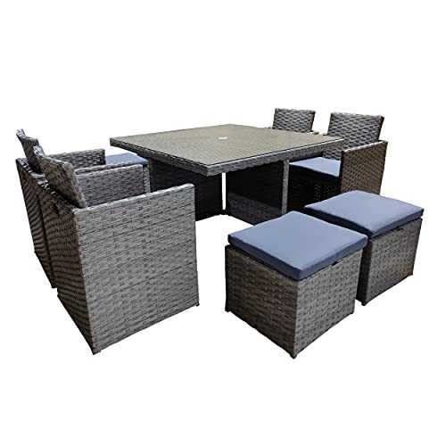TA Direct Cotswold 9 Piece 8 Seater Rattan Cube Dining Table Garden Furniture Patio Set