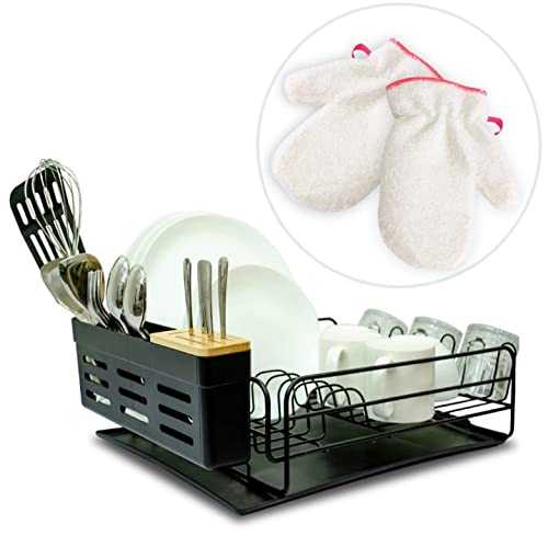 ZQ BROS- Dish Drying Rack with Drip Tray for Kitchen, Removable Cutlery Drainer, Large Storage Draining Board, Plate Rack, Glass Holder- Black with Gloves for Dishwashing