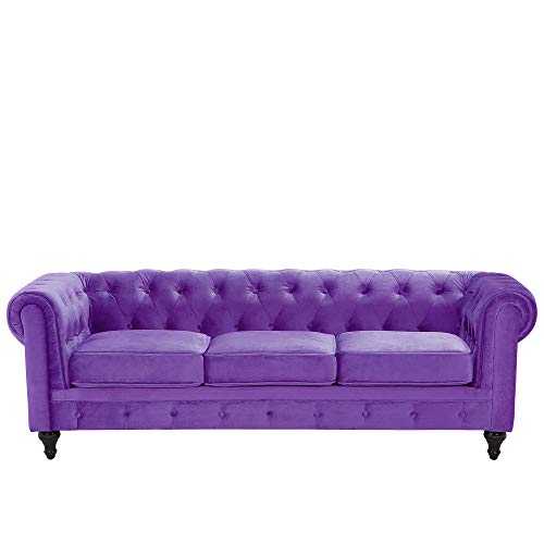 Beliani Classic Chesterfield Sofa Button Tufted 3 Seater Velvet Purple Chesterfield