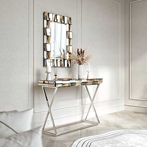 CARME Knightsbridge Collection - Wall Mirror - Mirrored Console Table - Combo Glass Furniture (Set 2 Rectangle Mirror + Console Table Rose Gold)