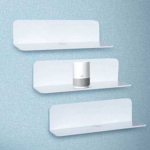 Jccsieey Acrylic Premium Floating Wall Shelves Set of 3, Versatile Self Adhesive Small Shelf for Bedroom, Bathroom, Kitchen, Living Room, Office, Playroom with 2 Types of Installation (White)