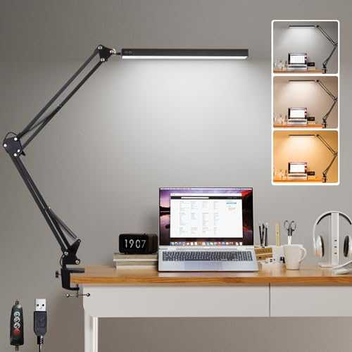 GLOBAL GOLDEN LED Desk Lamp with Clamp, Desk Light Metal Swing Arm Desk Lamp Eye-Care Dimmable USB Table Lamp for Study, Office, Working, Drawing, 3 Lighting Modes,10 Adjustable Brightness