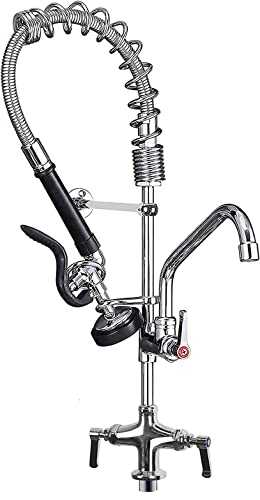 Commercial Pre Rinse Kitchen Tap with Pull Down Sprayer Brass Constructed Polished Chrome Single Hole Faucet Deck Mount Double Handle,12 Inch Add on Swing Spout,5808