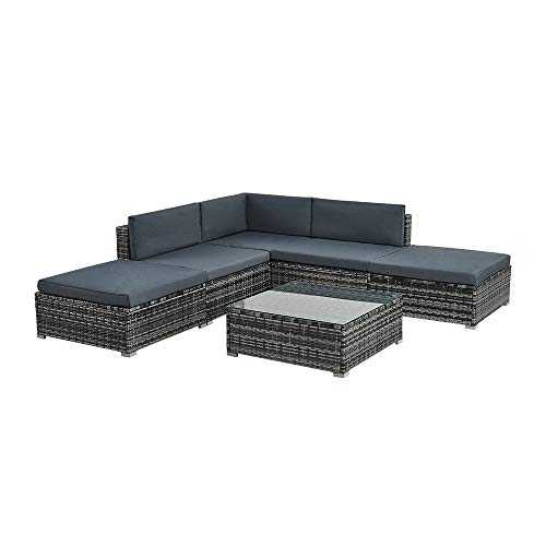 Panana Rattan Garden Furniture Set 5-Seat L-Shaped Corner Sofa Coffee Table Stool Wicker Weave Conversation Furniture Set with Cushions for Lawn Backyard Poolside Patio Mixed Grey with Grey Cushion