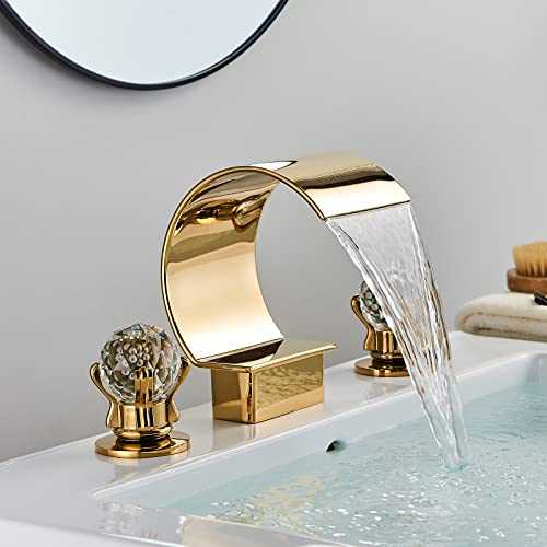 YAGATAP Gold Bathroom Sink Faucet 3 Hole 2 Handle Crystal Knobs High Arc Waterfall Spout Vanity Basin Mixer Tap 8-inch＆Upwards Widespread Bathtub Filler Faucet…