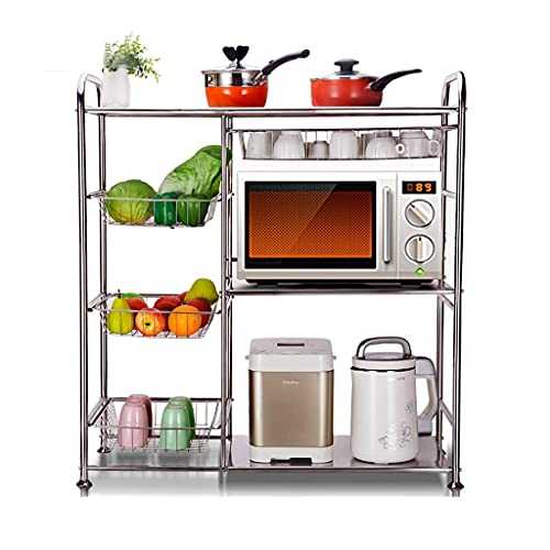3-Tier Kitchen Microwave Storage Rack Oven Stand Strong 304 Stainless Steel Shelves Free Standing Baker's Rack with Wheels Shelving Utility Unit with Wire Baskets 36.2" Lx14.6"Wx40.9" H (Silver)