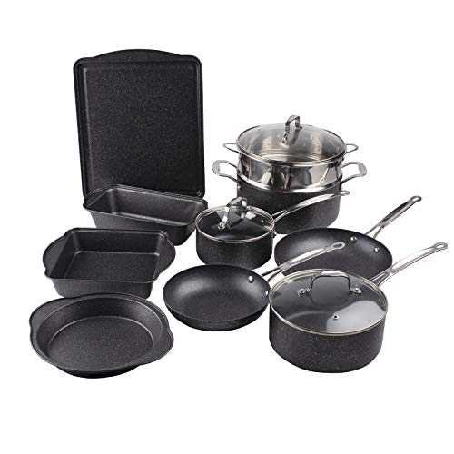 DONOUCLS Aluminum Cookware Set, Carbon Steel Bakeware Set with Nonstick Durable Marble Coating– Includes Stock Pots, Saucepans, Frying Pans, Baking Pans, and Lids, 13 Pieces, Gray