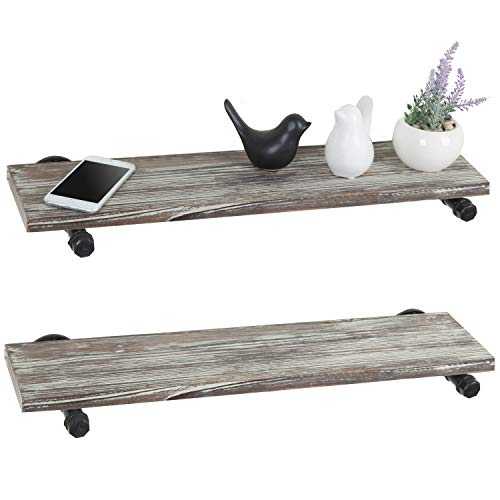MyGift 24-Inch Wall Monunted Industrial Pipe & Rustic Torched Wood Floating Shelves, Set of 2