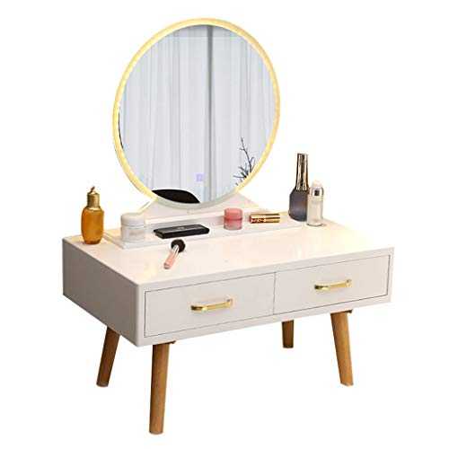 xuejuanshop Makeup Dressing Table Small Vanity Table with Lighted LED Touch Screen Round Mirror,Makeup Dressing Table with 2 Sliding Drawers for Bedroom, Bathroom (White) Vanity Table (Size : 60cm)