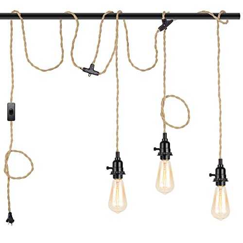 Triple Pendant Light Kit with Independent Switch - Easric Vintage Lamp Cord with 27FT Twisted Hemp Rope E26 Socket Plug in DIY Hanging Lighting Fixture for Farmhouse Home Loft - Bulb Not Included