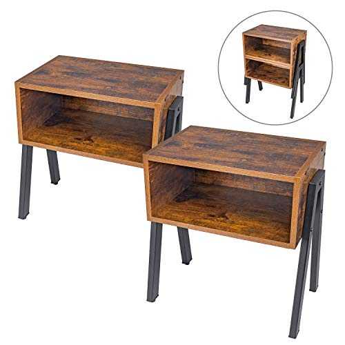 HOMEKOKO Industrial Side Table, Set of 2, Bedside Table, Stackable End Table with Open Front Storage Compartment,Easy Assembly,End Table in Living Room Wood Look Accent,Rustic Brown(2 PCS)
