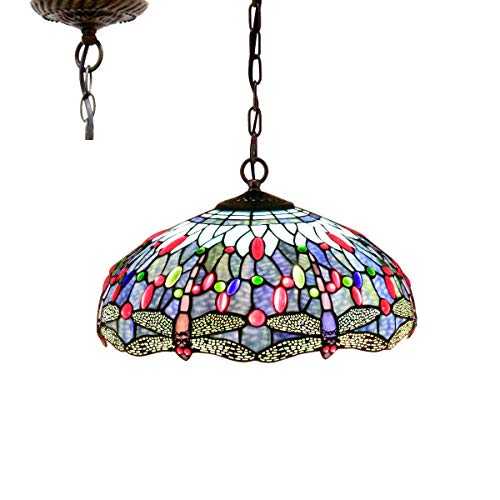 Tiffany Hanging Lamp 16 Inch Pull Chain Blue Stained Glass Lampshade Crystal Bead Dragonfly Anqitue Chandelier Ceiling Style Pendant 2 Light Fixture for Dinner Room Living Room Bedroom S004 WERFACTORY