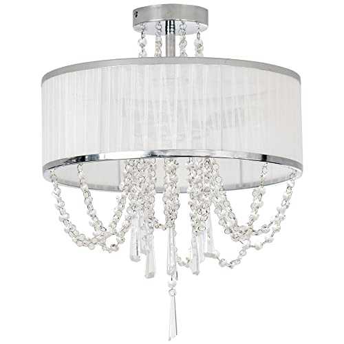 HOMCOM Elegant Metal Ceiling Light Chandelier with Pleated Fabric Lampshade, Decorative Crystal Pendants, for Living Room, Dining Room, Bedroom, White