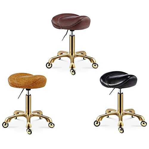 Rotating Lift Saddle Stool with Gold Stainless Steel Base Beauty Barber Shop Manicure Work Chair Bar Office Adjustable Pulley Stool Hairdressing Non-Stick Hair Seat Brown (Black)