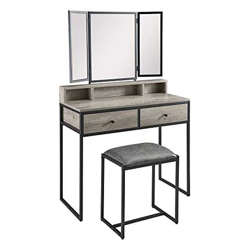MODERION Dressing Table with 3 Tri-Fold Mirror & 2 Drawer Stool Set, Makeup Vanity Table with Upholstered Chair, Industrial Vintage Design, (Ivory Grey A2)