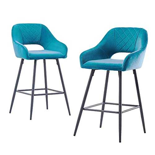 JaHECOME Bar Stools Set of 2 Dark Teal Velvet Padded Bar Chairs with Footrest Armrest Kitchen High Stools Supported Black Metal Legs for Breakfast Bar, Counter, Kitchen and Home