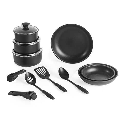 Salter BW12055IS Clip & Cook Kitchen Pan Set – Oven Safe Frying Pans, Saucepans, 2 Removable Handles, Stackable for Space Saving, Non-Stick, Induction Suitable, Hob-to-Oven, 14-Piece
