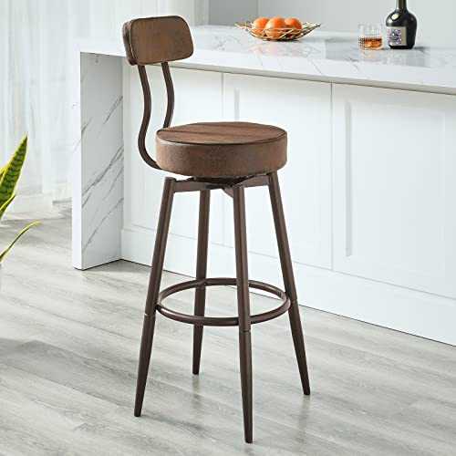 XINZHUO Industrial Bar Stool with Back for Counter Kitchen, Mid Century Swivel Barstool Brown Bar Chairs, Round Counter Stools for Pub Height, 24 or 29 Inch/1Piece,With Back 1PCS