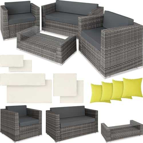TecTake 800904 Rattan aluminium garden furniture sofa set with glass table, upholstery + 4 extra pillows with stainless steel screws | Perfect for Patio, garden, terrace or balcony (Grey)