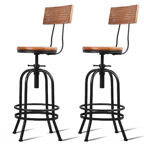 BOKKOLIK Set of 2-Industrial Bar Stools with Backrest-Swivel Wood Seat-Bar Counter Height Adjustable 26-32.2inch-Kitchen Island Dining Chair