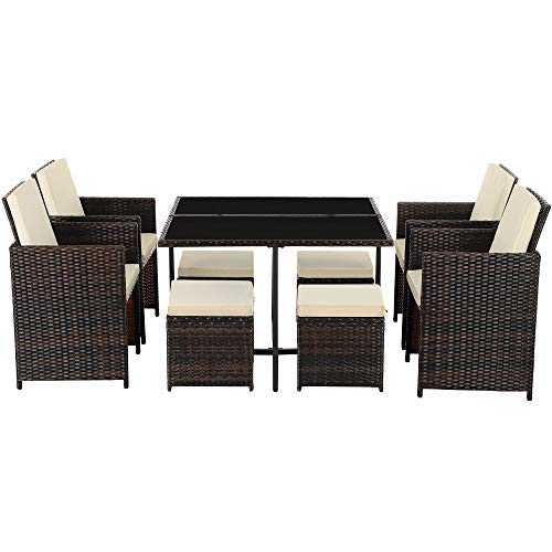 SONGMICS Set of 9 PE Rattan Garden Furniture Set Dining Table and Chairs, Outdoor Patio Furniture, Glass Top Coffee Table, with Cushions, Easy Storage, Space-Saving, Brown and Beige GGF091K01