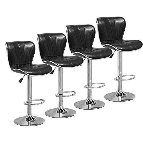 Huisen Furniture Set of 4 Kitchen Bar Stools Chairs Black PU Leather Adjustable for Breakfast Counter Pub Shell Shape Stool with Footrest Backrest Upholstered Seat (×4, Black)
