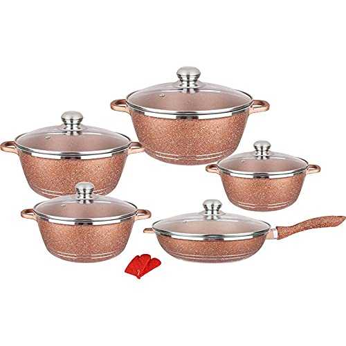 LIXUDECO Pans Set 12 Pcs/Set Rachael Ray Cucina Nonstick Cookware Pots And Pans Set Aluminum Pan Maifan Stone Set Cookware Non-Stick Frying Pans (Color : Golden, Kit Type : 12pcs)