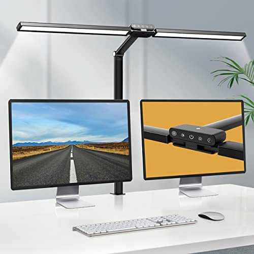 Hapfish LED Desk Lamp for Office, 24W Double Head Desk Light Bar for Study, Super Wide & Bright, 5 Color Modes and 5 Dimmable, Eye Protection Table Clamp Monitor Lights for Study/Working/Reading