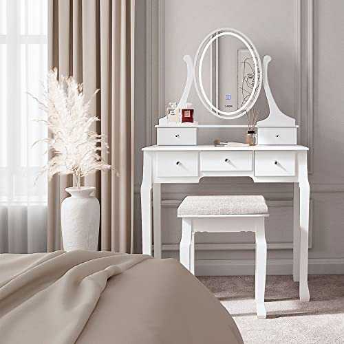 CARME Luna - White Dressing Table with Oval Touch Mirror LED Light 5 Drawer Stool Set Makeup Jewellery Organiser Bedroom Furniture