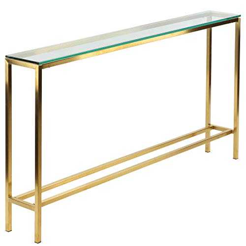 Cortesi Home CH-AT656930 Juan Console Table, Skinny 56" x 8", Brushed Gold Color with Clear 10mm Glass