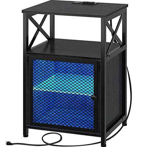 Rolanstar LED End Table with Charging Station & USB Ports,Industrial Side Table, Nightstand with Storage Shelf, Sofa Table with Metal Mesh Door for Living Room, Bedroom,Office