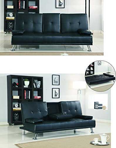Comfy Living Cinema Style Futon Sofabed With Drinks Table Sofa Bed Faux Leather in Black