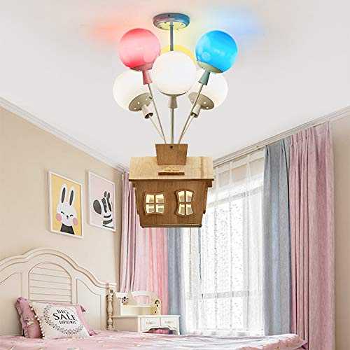Creativity Balloon Pendant Light Wooden House Design Pendant Lamp Macaron Children's Room Chandelier LED Girl Bedroom Eco-Friendly Lighting White Light,Ø42CM 24W 6 Lights,Ø42CM 6 Lights