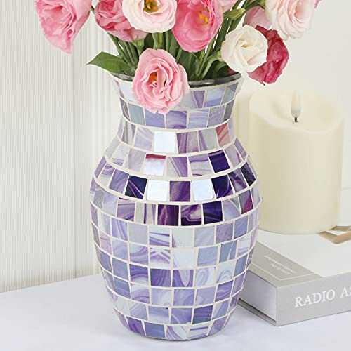 Mosaic Glass Flower Vase, Decorative Vases for Home Decor, Handmade Table Vases for Centerpieces Livingroom Bedroom Bookshelves, Purple