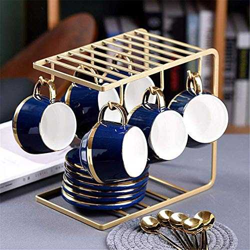 Afternoon Tea Sets, 13 Pieces Gold Trim Nordic Style For Party And Dinner Glazed Porcelain Coffee And Tea Service With 6 Piece Cups And Bracket