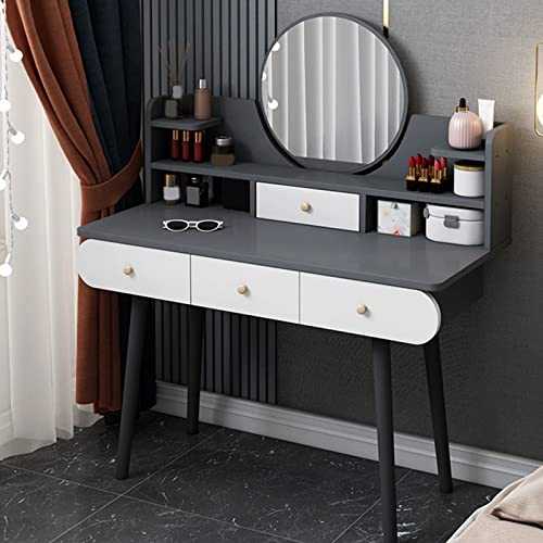 QTQHOME Vanity Table with Adjustable LED Lighted Mirror, Makeup Vanity Desk with 4 Drawers and Open Shelves, Modern Wooden Dressing Table Writing Desk for Bedroom(100x40x120cm(39x16x47inch), C)