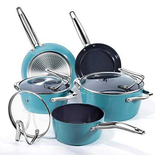 REDMOND Nonstick Cookware Set, 8 Piece Ceramic Aluminum Pans and Pots Set with Glass Lid and Stay Cool Handle for Stovetops, Induction Cooktops, Dishwasher/Oven Safe, Turquoise Blue，CS004