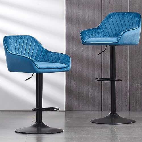 AINPECCA Bar Stools Set of 2, Velvet Fabric Adjustable Swivel Gas Lift, Black Footrest and Base for Breakfast Bar, Counter Kitchen Chairs and Home Bar chairs (Velvet Teal)