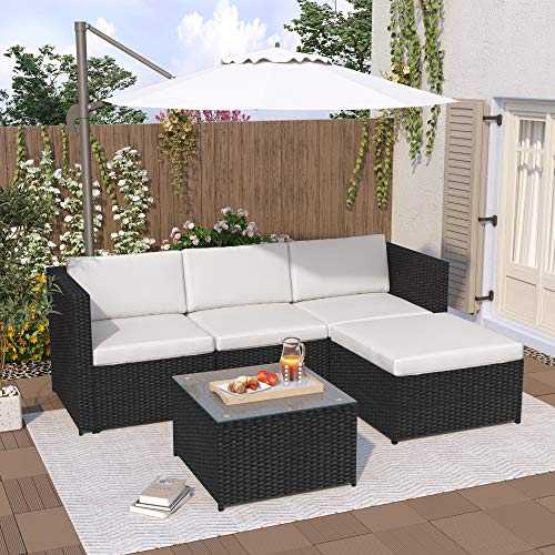 MOWIN Rattan Outdoor Garden Furniture Set 4 Seater Rattan Modular Corner Sofa Lounge Set with Coffee Table and Stool Conservatory Patio Poolside L-Shaped Sofa Set (Black Wicker with White Cushions)