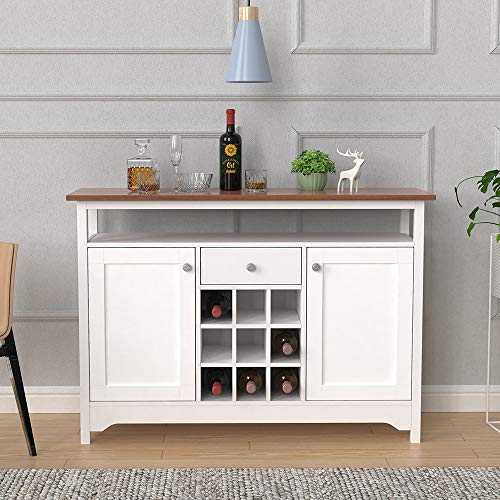 Saadiya White Wood Living Room Sideboard with Wine Rack Kitchen Cupboard with Drawers Doors and Shelves Utility Unit Storage Side Cabinet Chest for Dinning Room Living Room
