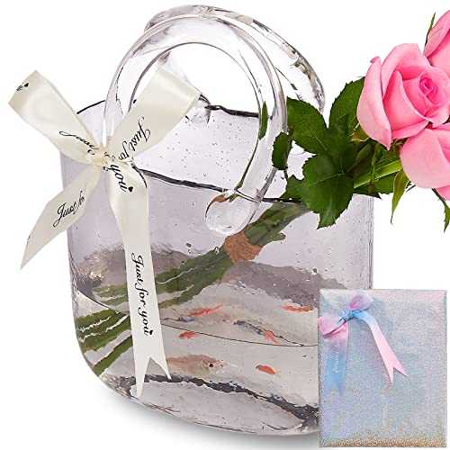 Glass Bag vase, Purse vase with Fish Bowl, Handbag Shape Flower vase - for Home Décor, enterpiece, Events, Office, Garden, Wedding (Light Grey)
