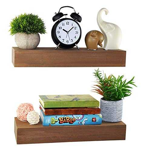 Spiretro Rectangle Floating Shelves Wall Mounted Set of 2, Rustic Wood -16.5 inch Ledge to Storage Organize and Trophy Display Home Decor for Bedroom, Living Room, Bathroom, Kitchen, Office_Teak Brown