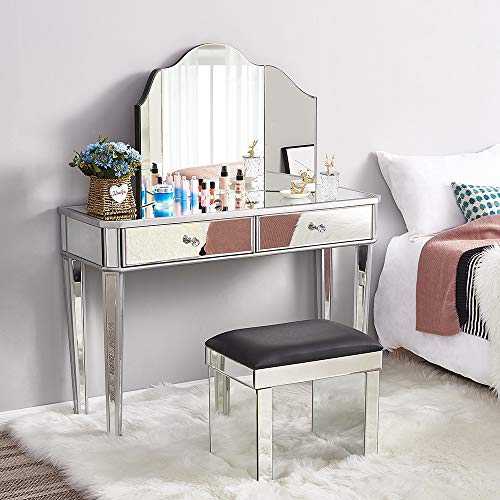 Storeinuk Mirrored Dressing Table Set with Mirror Makeup Desk with 2 Drawers & Stools & Foldable Mirror Vanity Console Dresser Bedroom Furniture(Whole Set)
