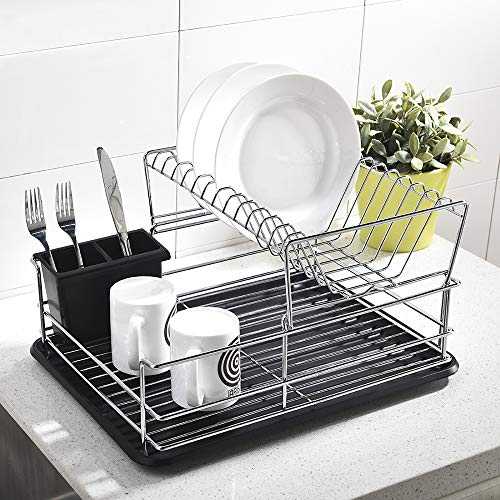 ATUM HOME 2-Tier Black Dish Plate Dish Drainer Rack, Draining Board Rack with Drying Tray for Kitchen